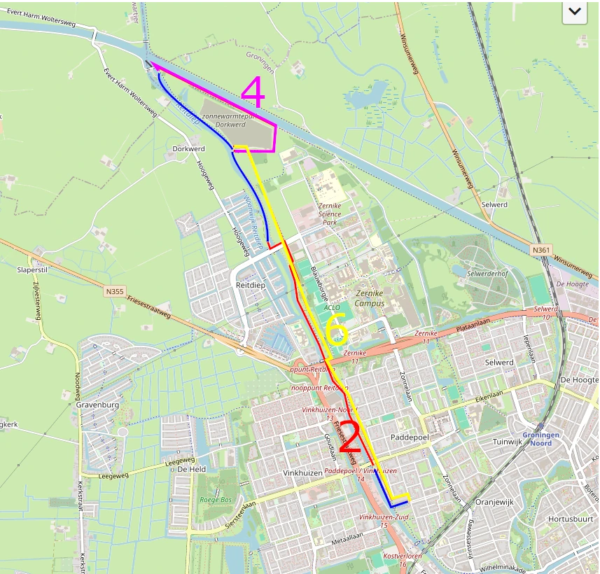 Map highlighting one (of the possible) swimrun routes along the Rietdiep in Groningen